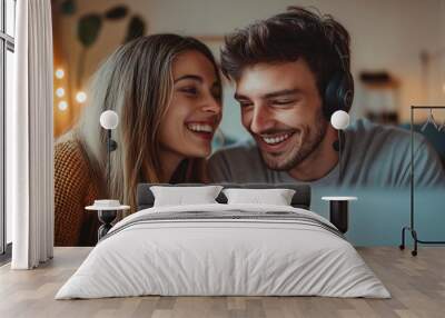 happy couple in love communicate via video call Wall mural