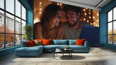 happy couple in love communicate via video call Wall mural