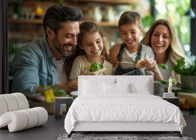 Happy family enjoying a meal together at home Wall mural