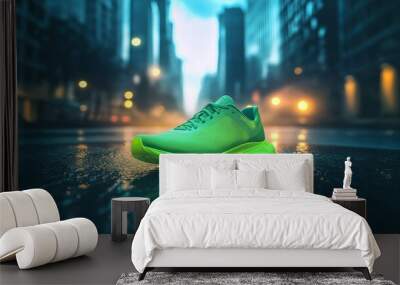 Neon green running shoes placed on an urban street pavement Wall mural