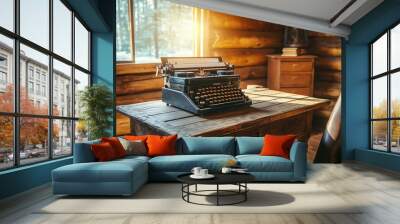 vintage typewriter resting on a rustic wooden desk in a cozy cabin Wall mural