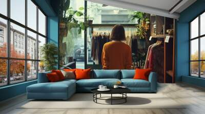 young woman shopping for clothes in a boutique Wall mural