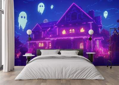 Neon-lit haunted house with pixelated ghosts floating above, Retro 8-bit, Halloween nostalgia Wall mural