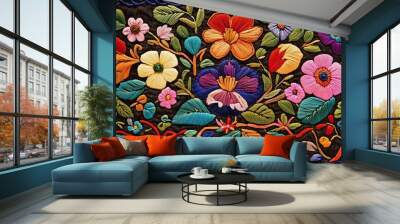 Vibrant floral embroidery showcasing a variety of colorful flowers against a dark background, perfect for art and textile projects. Wall mural