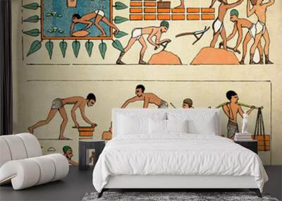 ancient egypt war prisoners making bricks and building walls, vintage collage Wall mural