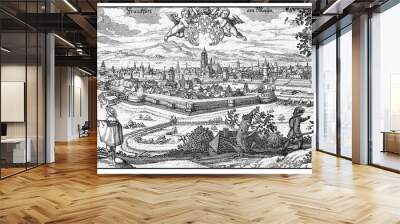 Germany,  Aerial view of Frankfurt fortified city on river Main in XVII century Wall mural