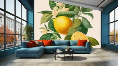 Lemon or citrus limon plant with fruits and flowers as in the vintage botanical illustration, victorian still life on creamy paper  background made with generative AI Wall mural