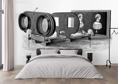 Stereoscope, device for viewing two separate images of the same scene as a single 3D image, providing a pair of lenses that makes the image appear more distant into one 'stereo window' Wall mural