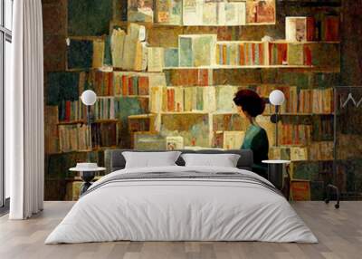 young woman reading comfortably a book in a library, digital art made with generative AI Wall mural