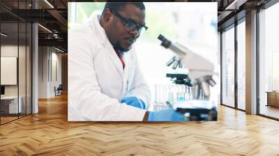 African-american scientist working in lab. Doctor making microbiology research. Laboratory tools: microscope, test tubes, equipment. Biotechnology, chemistry, bacteriology, virology and health care. Wall mural