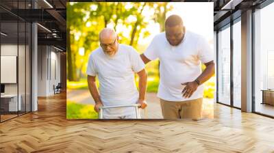 Caregiver is teaching old man to walk with walker. Professional nurse and patient walking outdoor at sunset. Assistance, rehabilitation and health care. Wall mural