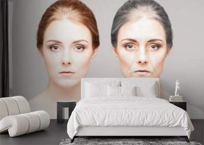 Collage of two portraits of the same old girl and young girl. Face lifting, aging and skincare concept. Wall mural