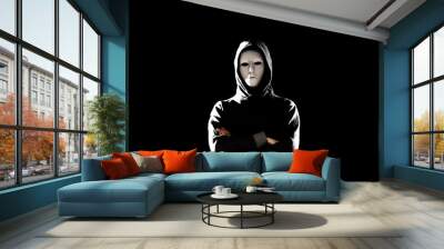 Computer hacker in white mask and hoodie. Obscured dark face. Data thief, internet fraud, darknet and cyber security concept. Wall mural