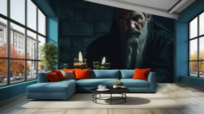 Evil wizard or alchemist making the witchcraft in a dark and scary dungeon. Halloween image. Wall mural