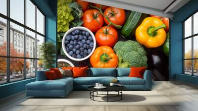 Healthy eating ingredients: fresh vegetables, fruits and superfood. Nutrition, diet, vegan food concept Wall mural