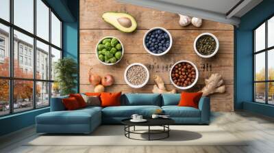 Healthy eating ingredients: fresh vegetables, fruits and superfood. Nutrition, diet, vegan food concept Wall mural