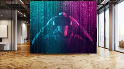 Portrait of a man in virtual reality helmet over abstract digital background. Obscured dark face in VR goggles. Internet, darknet, gaming and cyber simulation. Wall mural