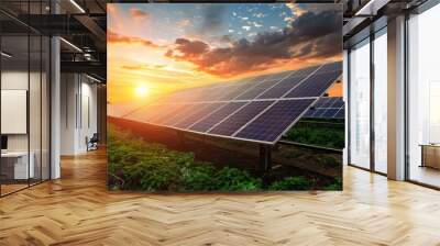 Solar panels in a field against a sunset background. Environment, renewable sources, power generation, alternative energy and ecology. Wall mural