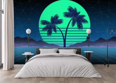 Synthwave and retrowave background template. Palms, sun and space in computer game. Retro design, rave music, 80s computer graphics and sci-fi concept. Wall mural