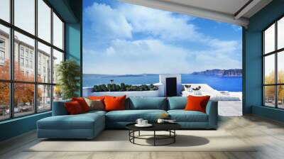 Terrace on Santorin island with a view on azure Mediterranean se Wall mural