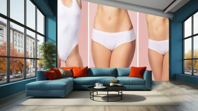 Young, fit, happy and beautiful woman in white swimsuit isolated on white background - set collection. Perfect female body. Healthcare, diet, sport and fitness. Wall mural