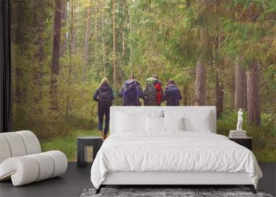 Young happy friends walking in forest and enjoying a good autumn day. Camp, tourism, hiking, trip, concept. Wall mural