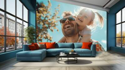 A cheerful father carries his young daughter on his shoulders under a bright sun, both smiling widely in a summer setting. Generated AI Wall mural