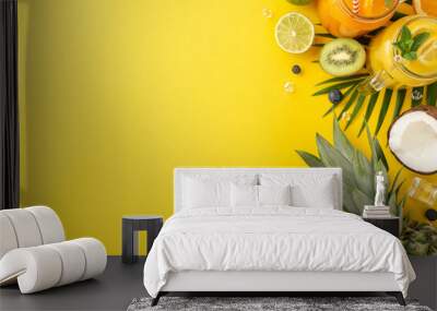 Add a pop of color to your summer marketing with this vibrant top view flat lay photo of citrus juice cocktails in glass jars, ananas, orange, kiwi set against a trendy yellow background Wall mural