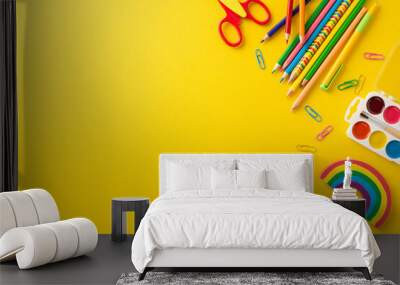 Attract the attention of parents and educators through an enticing top-down image, featuring wide range of colorful educational stationery on yellow isolated backdrop for educational campaigns Wall mural