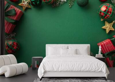 Christmas Eve concept. Top view photo of gift boxes with ribbon bows green red baubles gold star ornaments and pine branches on isolated green background with copyspace in the middle Wall mural