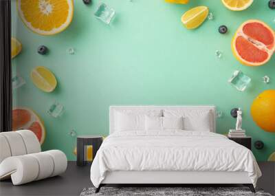 Citrus paradise concept. Top view of juicy oranges, lemons, limes and grapefruits on turquoise background with empty space for promotional text Wall mural