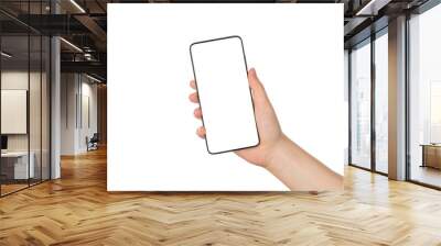 Cropped close up photo of human hand demonstrating telephone advertising with copyspace isolated white background Wall mural