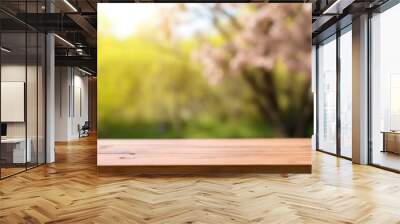 Elevate your spring promotions with our product showcased on a charming wooden table, surrounded by the beauty of nature. Let the sunny vibes complement your offerings. Generated AI Wall mural