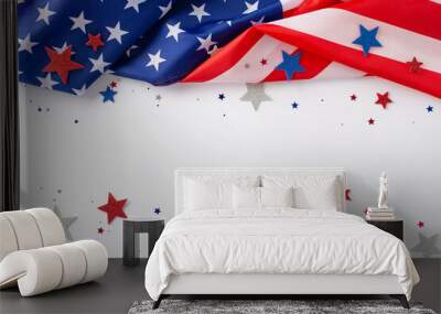 Embracing the spirit of the American federal holiday: top-down photograph showcasing American flag with sparky stars on white background. Ample copy-space for adverts or text during the celebration Wall mural