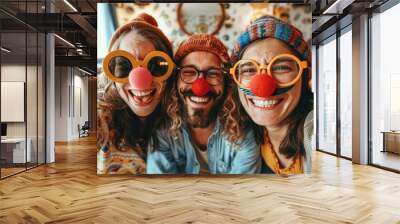 Fool's Day fun captured in a selfie of three buddies donning playful clown noses and comical glasses, chuckling at a humorous jest. Generated AI Wall mural