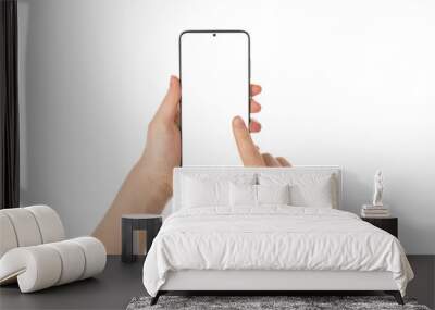 Pov first person close up view photo of female hands using telephone touching screen with copy space isolated white background Wall mural