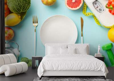 Proper nutrition concept. Top view photo of plate fork knife scales vegetables fruits alarm clock dumbbells and tape measure on isolated pastel blue background with empty space Wall mural