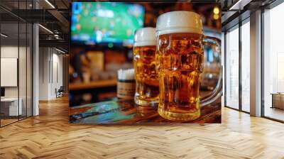 Snapshot of a sports bar vibe: chilled lager glasses on wood table, football playing on the TV, setting the scene for enthusiasts' relaxation. Generated AI Wall mural