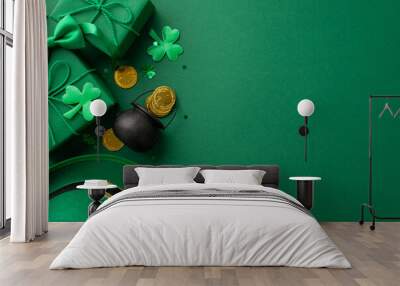 St Patrick's Day concept. Top view photo of leprechaun headwear gift boxes pot with gold coins bow-tie clovers and confetti on isolated green background with empty space Wall mural