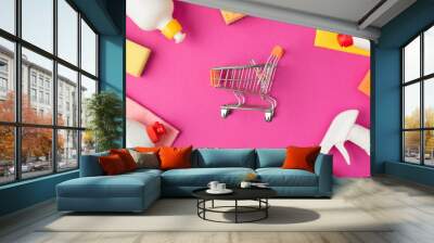 Top view photo of shopping cart model in the middle scouring pads rags rubber gloves and white detergent bottles on isolated pink background Wall mural