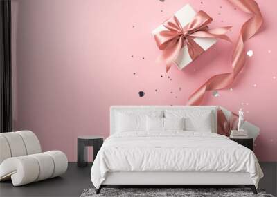 Top view photo of white gift boxes with pink bows curly ribbon silver sequins and heart shaped confetti on isolated pastel pink background with copyspace Wall mural