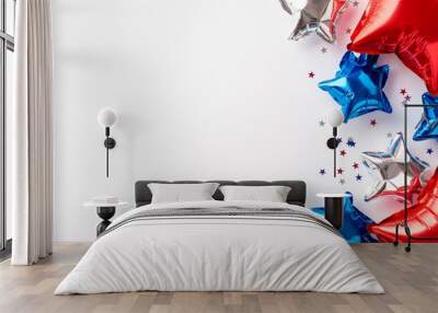 USA Independence Day concept. Top view photo of red white blue balloons and star shaped confetti on isolated white background with copyspace Wall mural