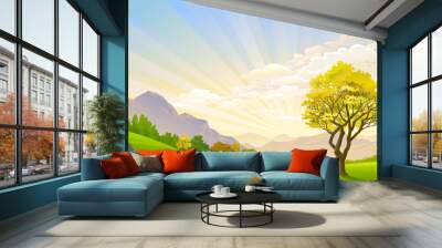 A garden of lush green grass, big trees, and hills in the background. Wall mural