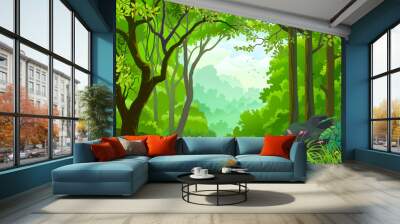 A live beautiful green jungle with lots of trees, flowers and plants Wall mural