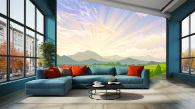 A sky full of rays and a scenic meadow Wall mural