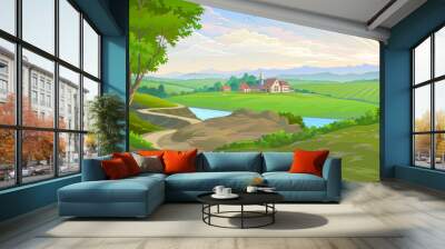 A town in the middle of vast green fields Wall mural