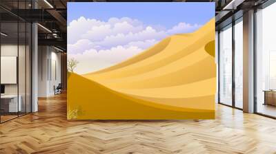 A wide view of a barren desert with large sand dunes and a road across an uneven landscape. Wall mural