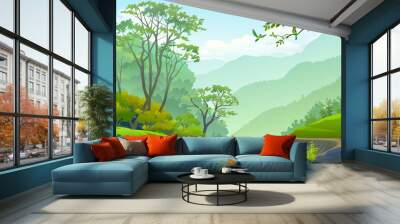 Beautiful parrots in a lush green forest. Wall mural