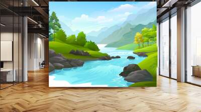 Blue river flowing across green forest Wall mural