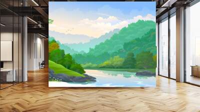 Clean and fresh river flowing down from the mountains through a thick forest. Wall mural